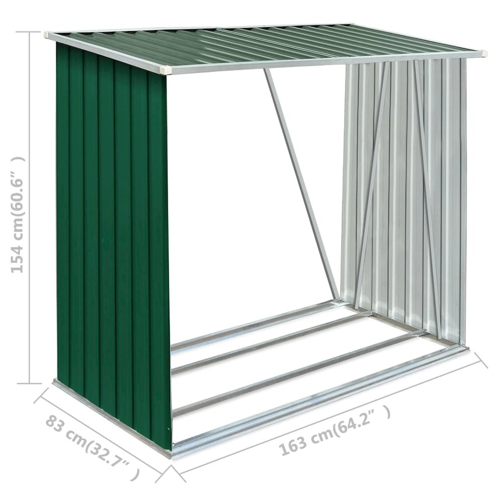 vidaXL Garden Log Storage Shed Galvanized Steel 64.2"x32.7"x60.6" Green 7089. Picture 7