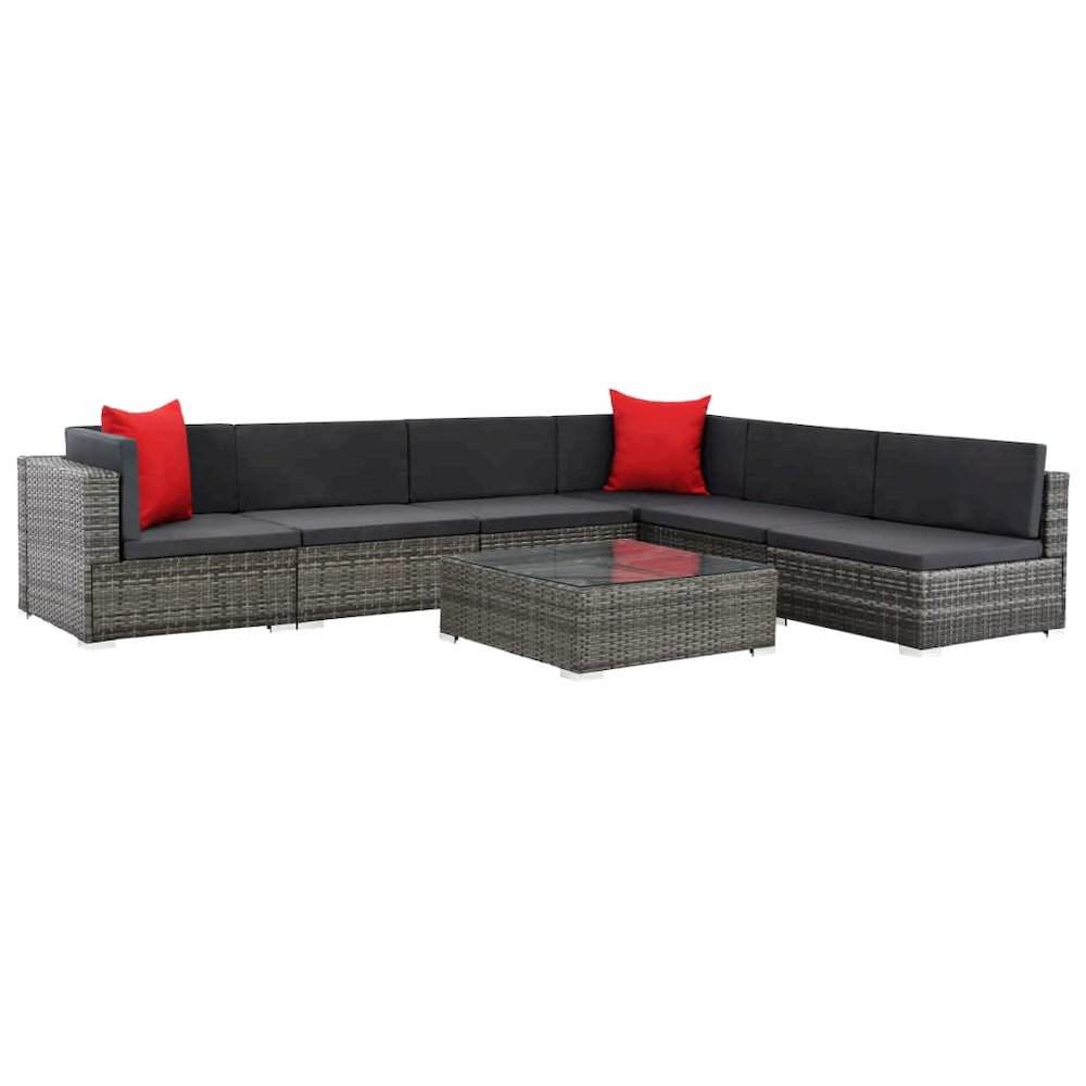Sofa Set Grey rattan, Dark grey cushion, Red pillow. Picture 1