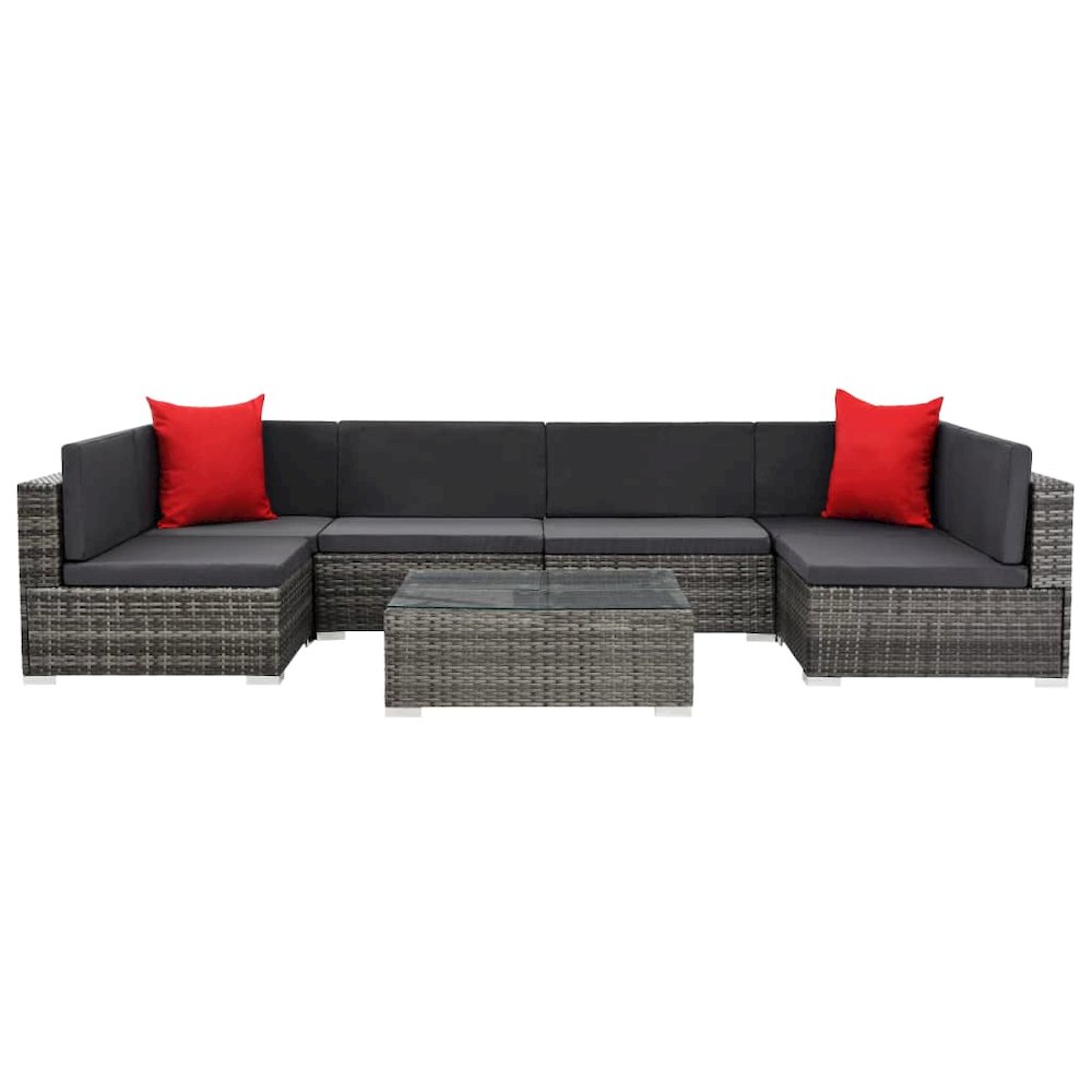 Sofa Set Grey rattan, Dark grey cushion, Red pillow. Picture 2