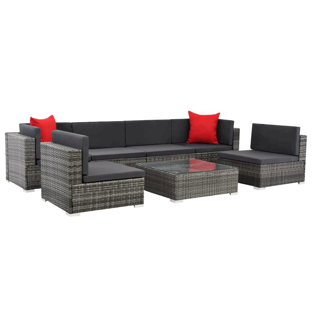 Sofa Set Grey rattan, Dark grey cushion, Red pillow. Picture 3