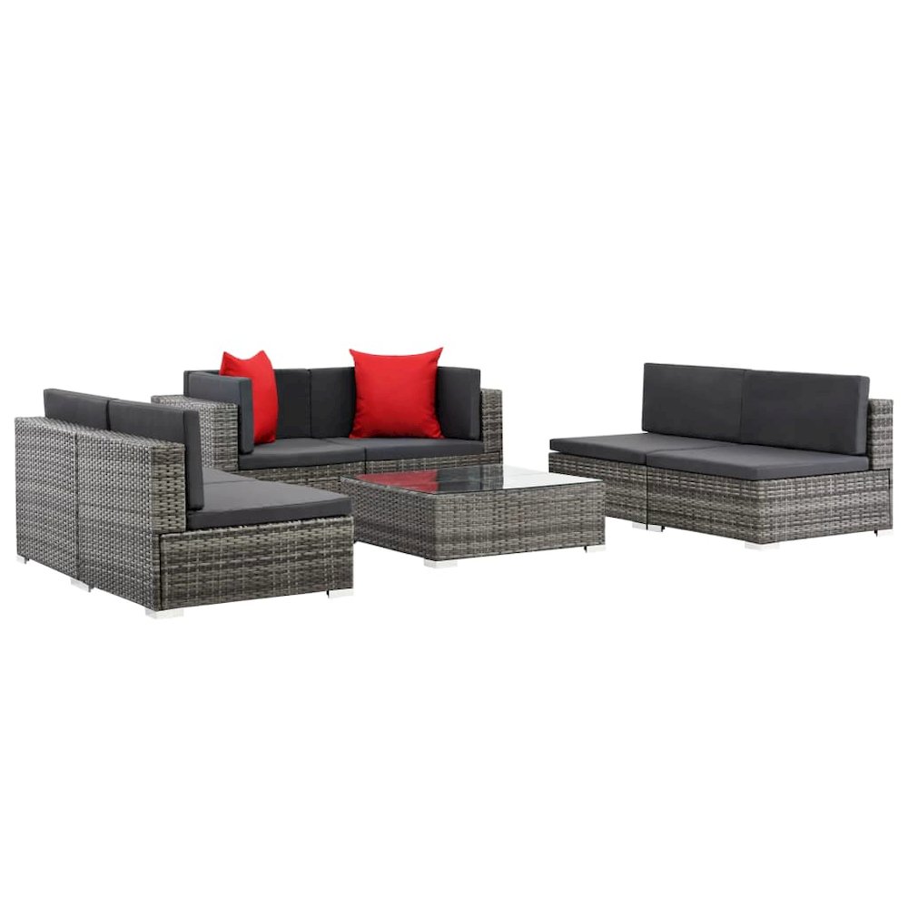 Sofa Set Grey rattan, Dark grey cushion, Red pillow. Picture 4