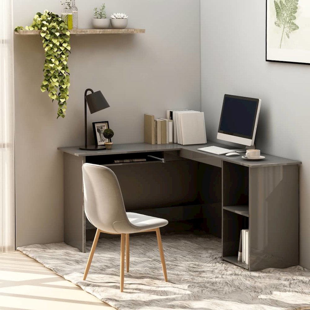 L-Shaped Corner Desk High Gloss Gray 47.2" x 55.1" x 29.5" Engineered Wood. Picture 1