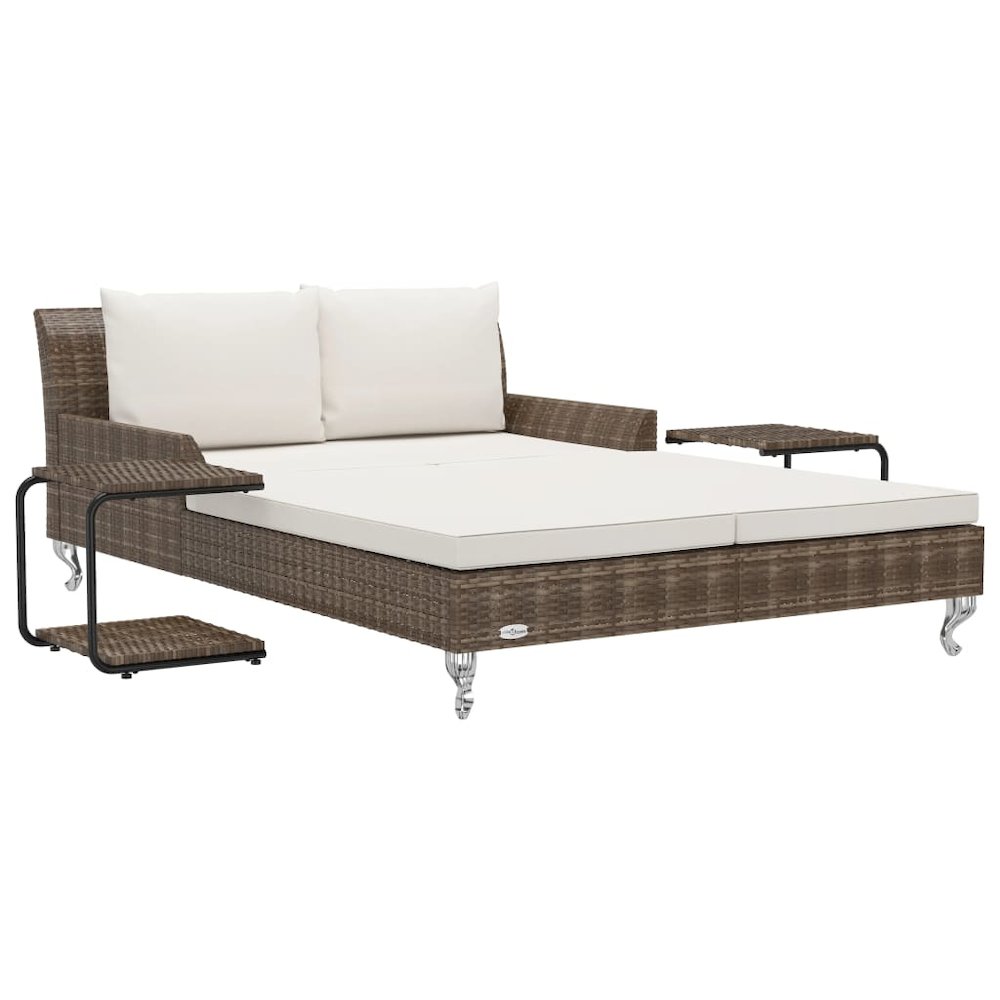 Sun Lounger Brown and Cream Poly Rattan, Powder-Coated Steel, Fabric. Picture 2