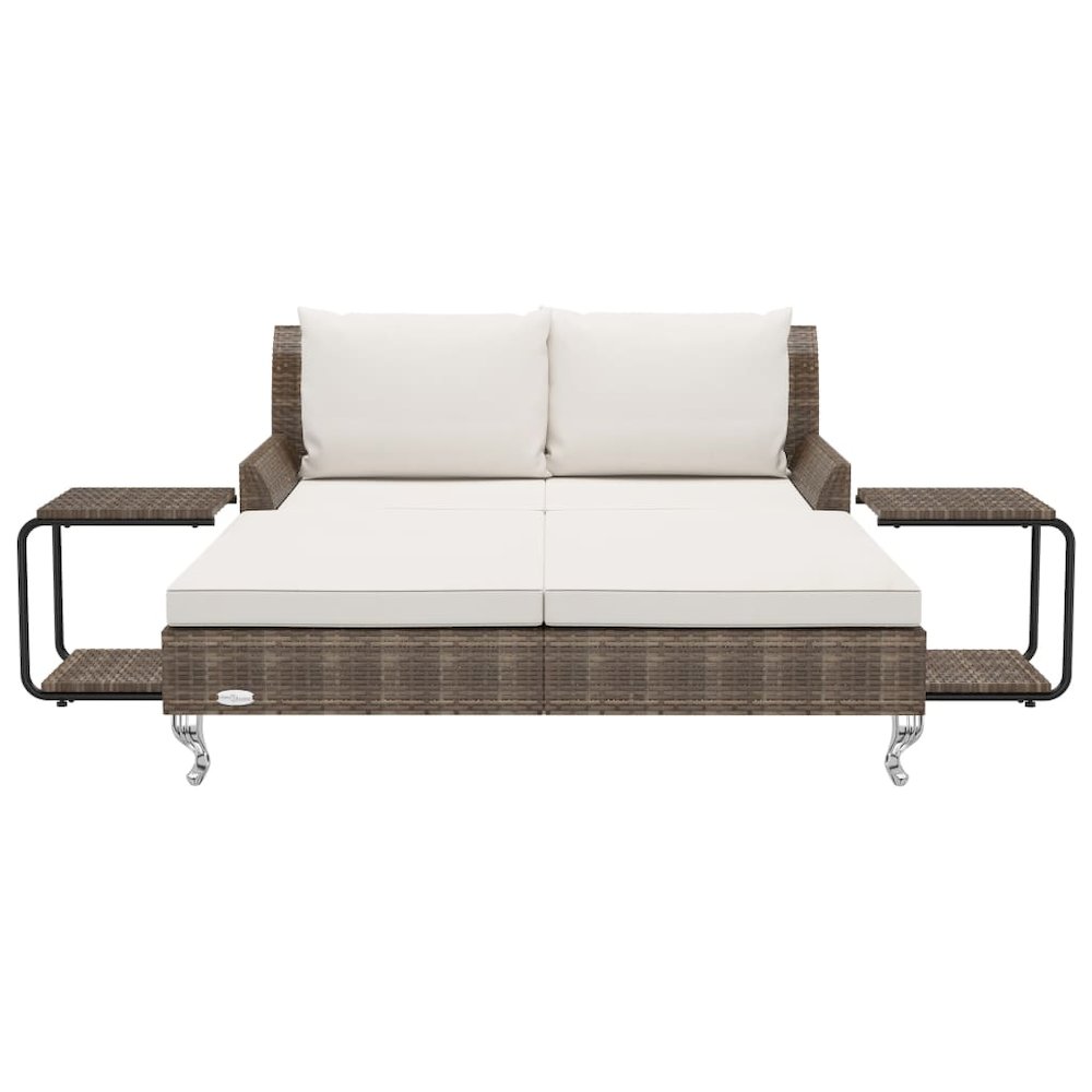 Sun Lounger Brown and Cream Poly Rattan, Powder-Coated Steel, Fabric. Picture 3