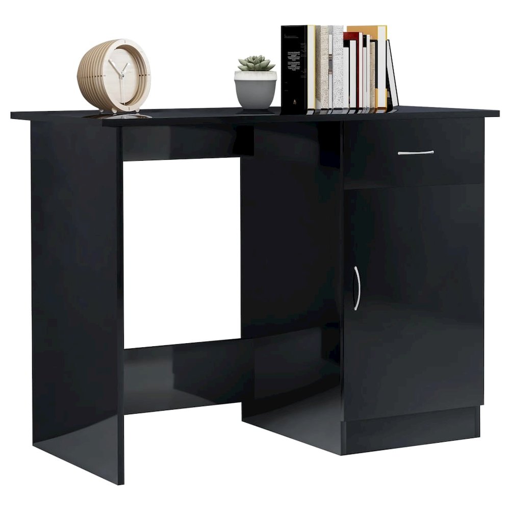Desk High Gloss Black Engineered Wood 39.4 x 19.7 x 29.9 in Desk. Picture 3