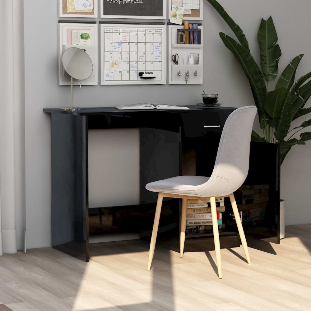 Desk High Gloss Black Engineered Wood 39.4 x 19.7 x 29.9 in Desk. Picture 4