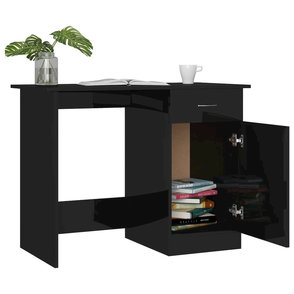 Desk High Gloss Black Engineered Wood 39.4 x 19.7 x 29.9 in Desk. Picture 6