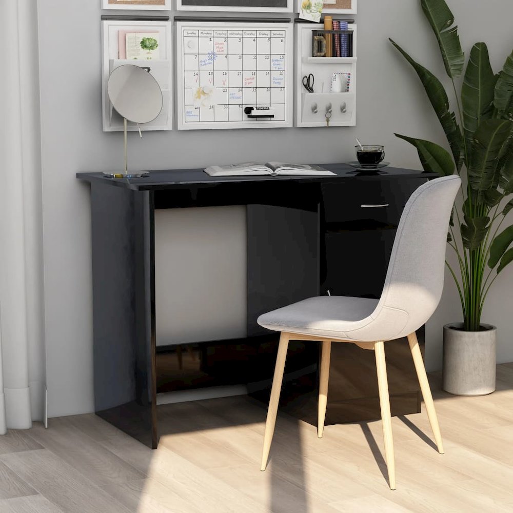Desk High Gloss Black Engineered Wood 39.4 x 19.7 x 29.9 in Desk. Picture 1
