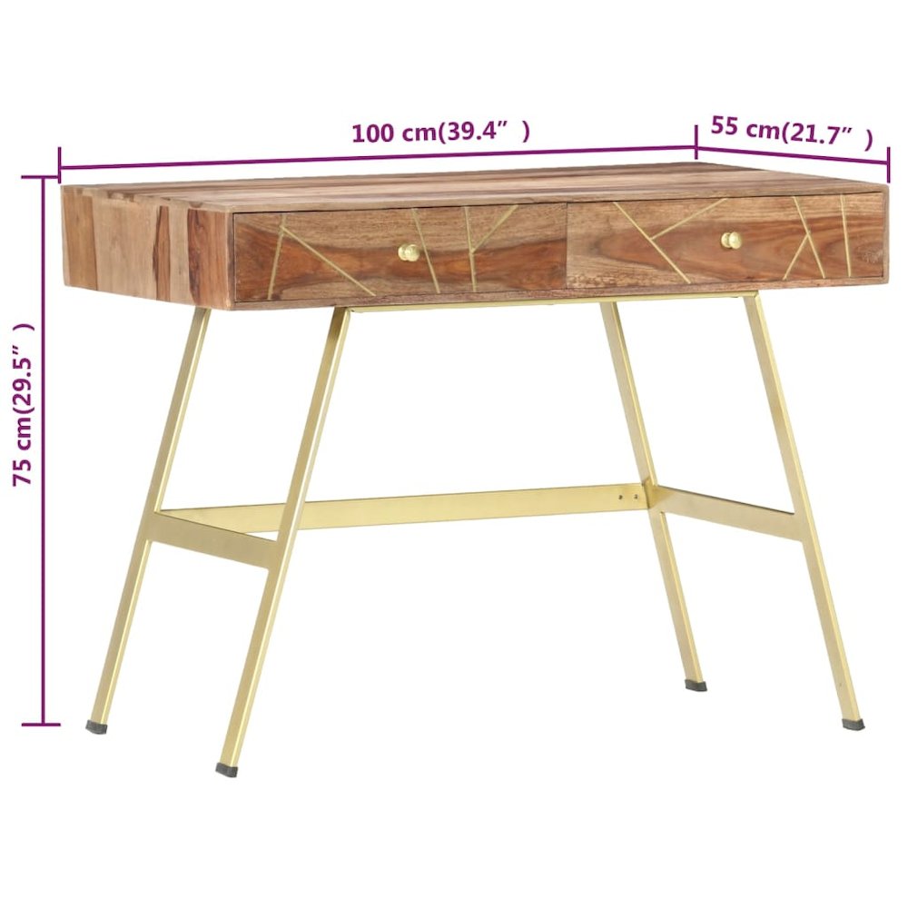 Writing Desk Natural and brass Solid sheesham wood. Picture 6