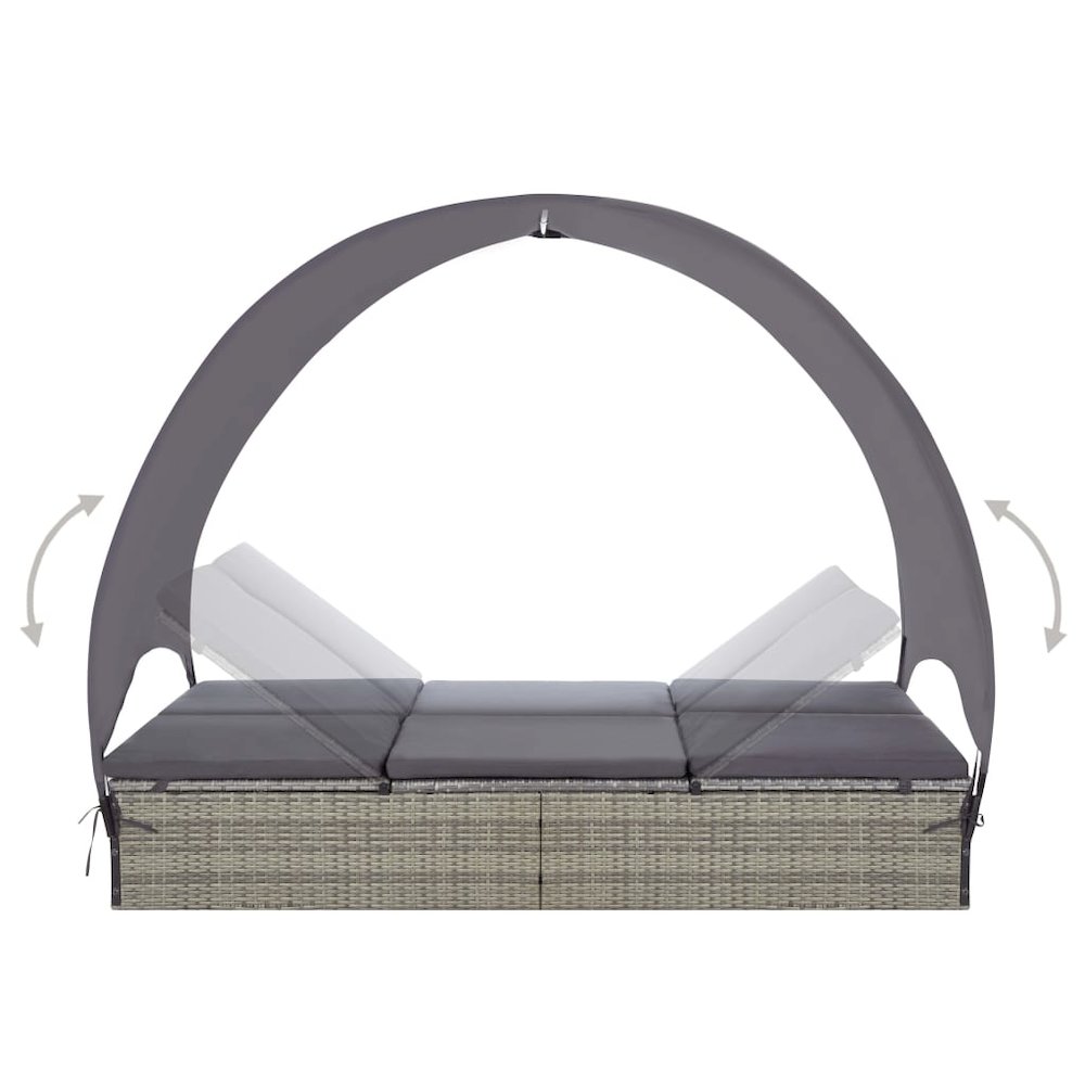 Sun Lounger With Canopy Grey and dark grey PE rattan Double. Picture 4