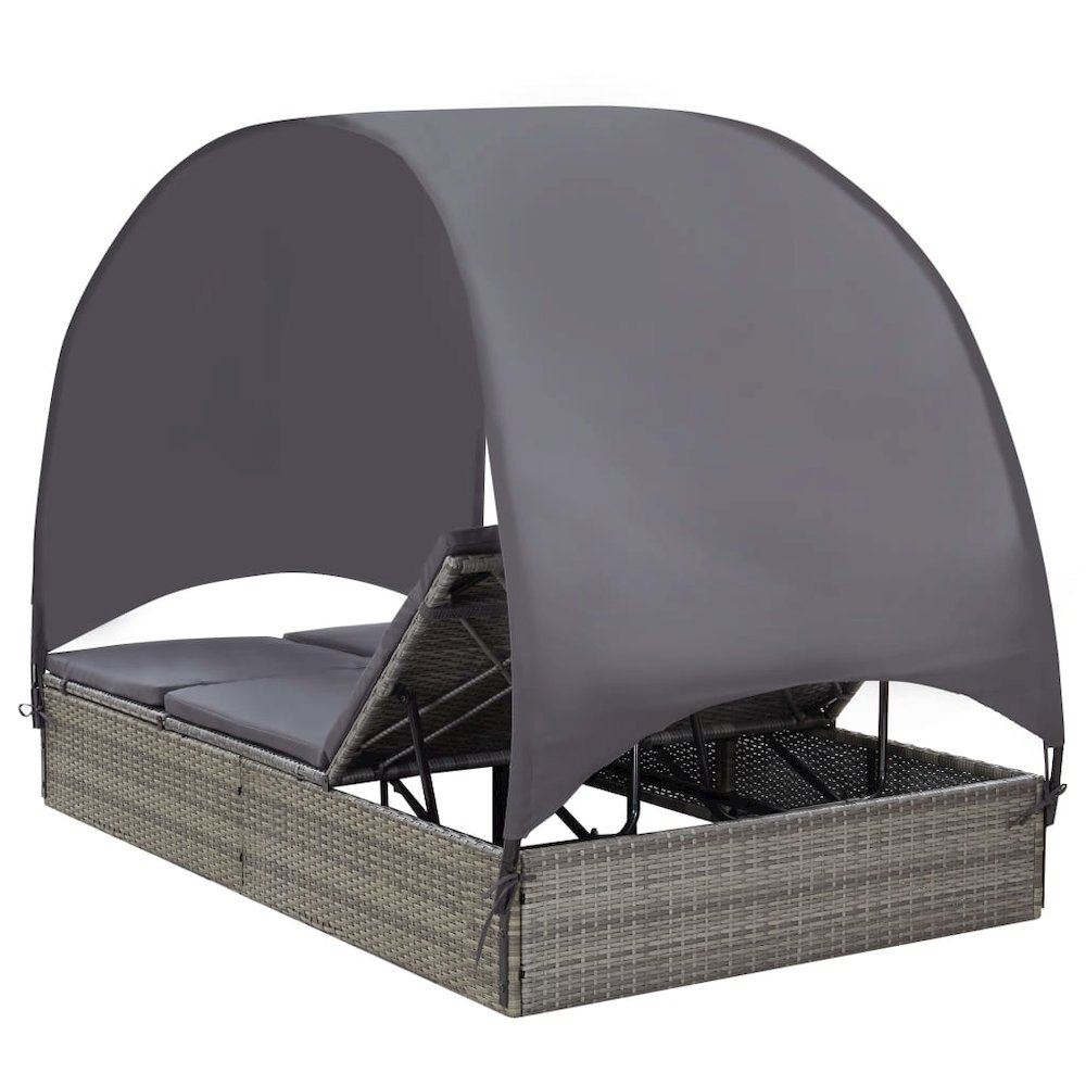 Sun Lounger With Canopy Grey and dark grey PE rattan Double. Picture 5