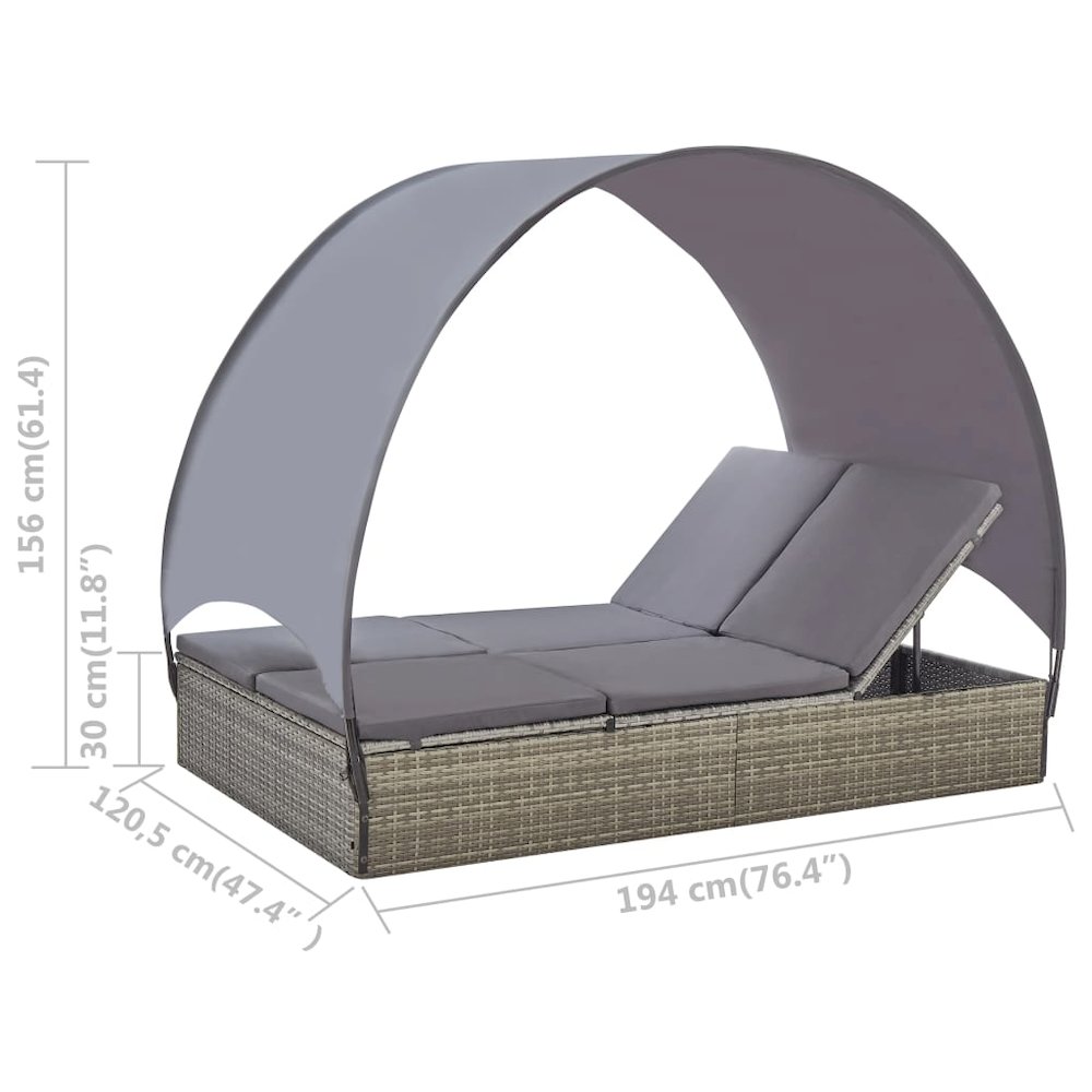 Sun Lounger With Canopy Grey and dark grey PE rattan Double. Picture 8