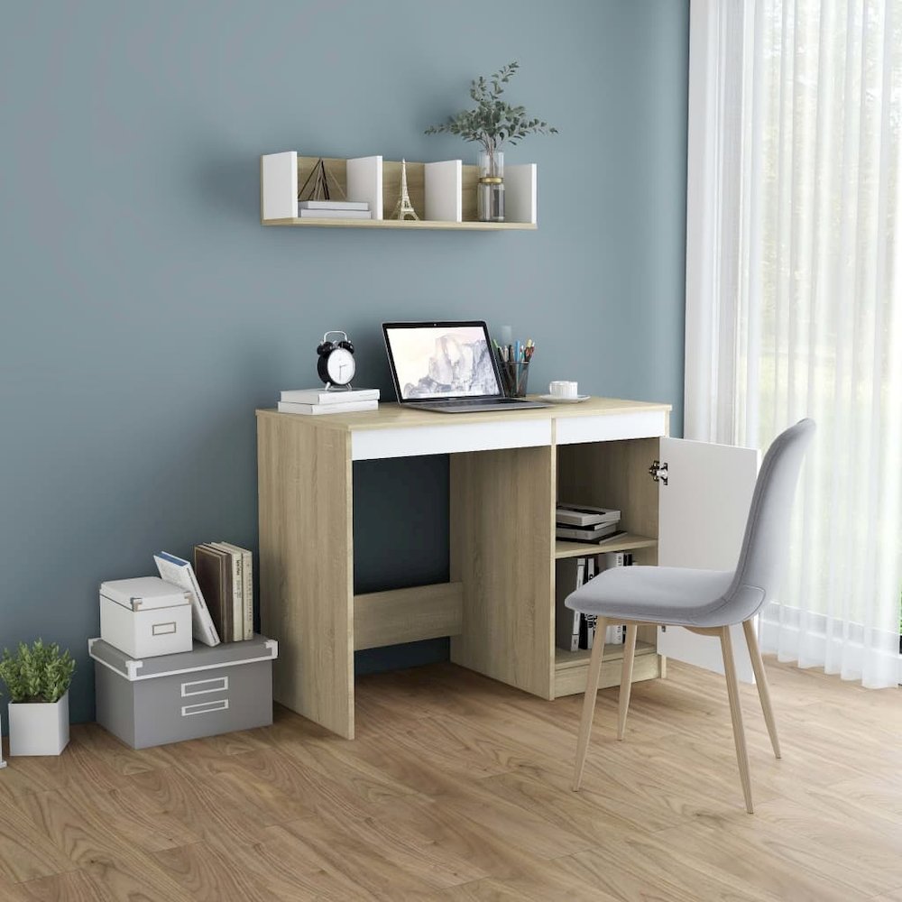 Desk White and Sonoma Oak Engineered Wood Medium Computer Desk. Picture 3