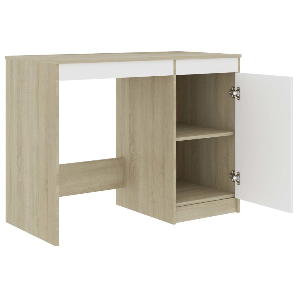 Desk White and Sonoma Oak Engineered Wood Medium Computer Desk. Picture 4