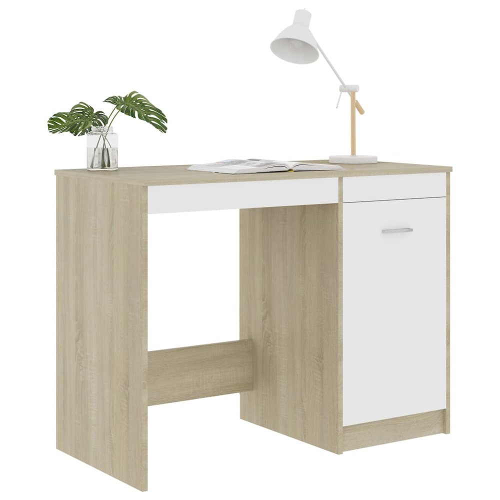 Desk White and Sonoma Oak Engineered Wood Medium Computer Desk. Picture 5