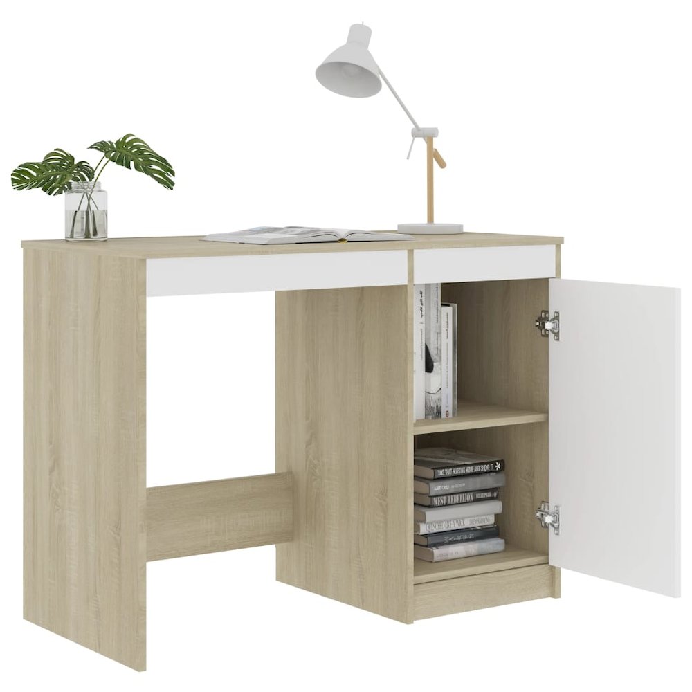 Desk White and Sonoma Oak Engineered Wood Medium Computer Desk. Picture 6