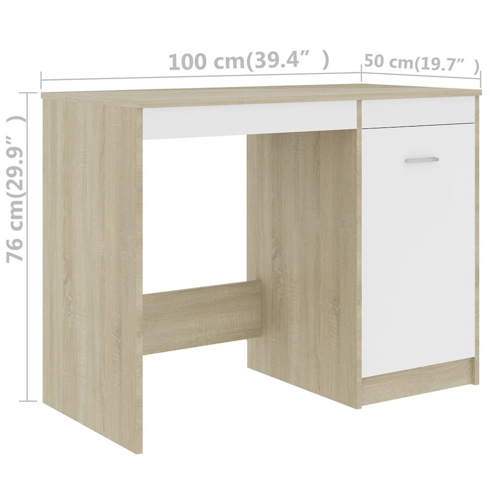 Desk White and Sonoma Oak Engineered Wood Medium Computer Desk. Picture 9