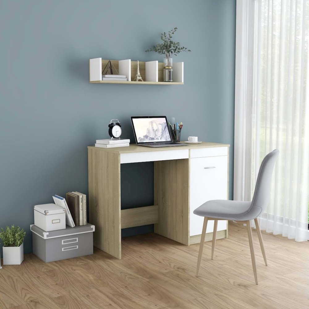 Desk White and Sonoma Oak Engineered Wood Medium Computer Desk. Picture 1