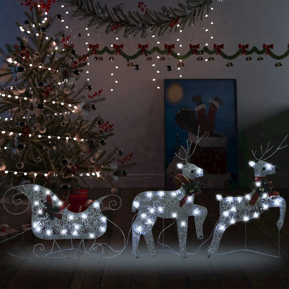 Reindeer and Sleigh Christmas Decoration Set of 2 Silver, Red. Picture 1