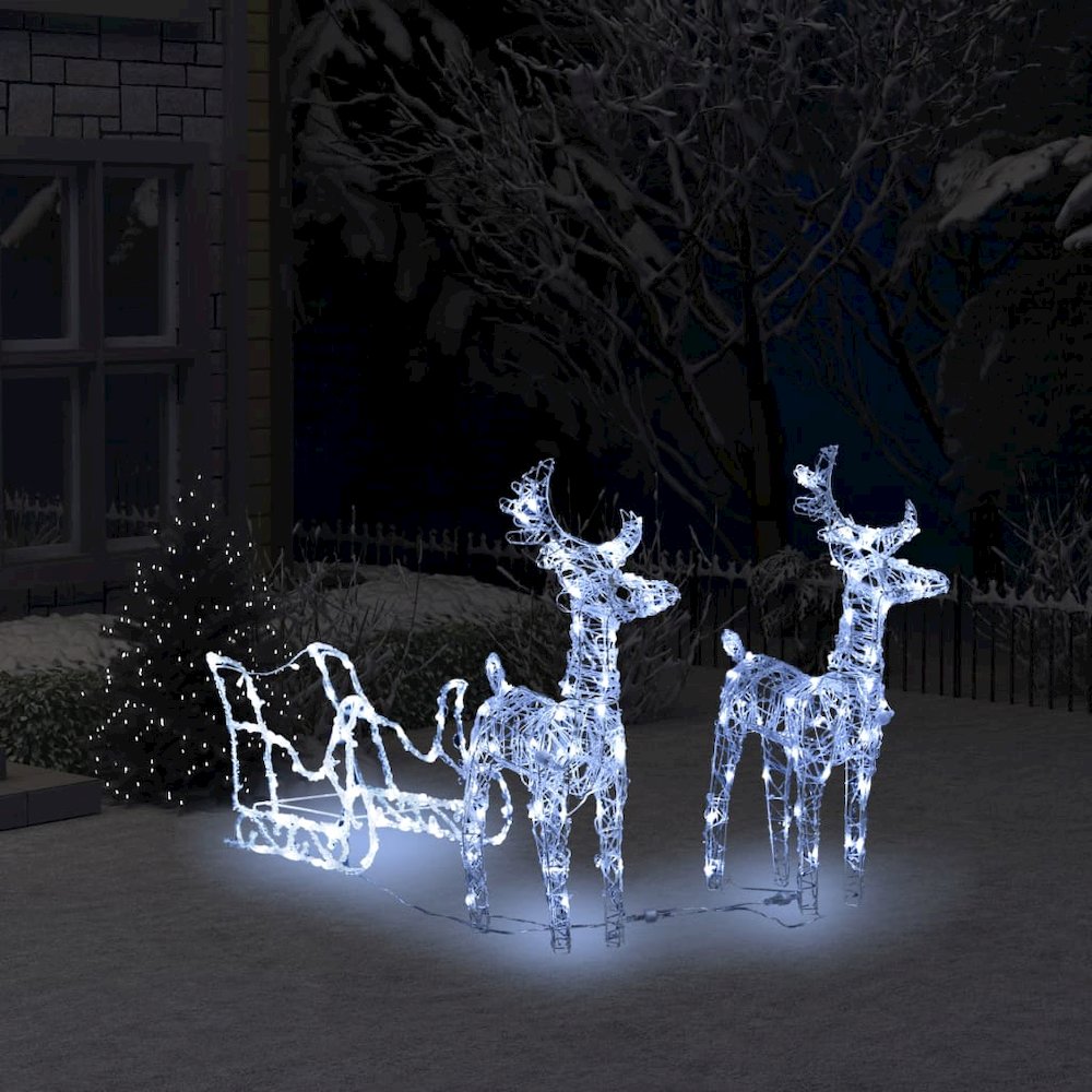 Reindeer And Sleigh Christmas Decoration Cold White Acrylic Medium. Picture 1
