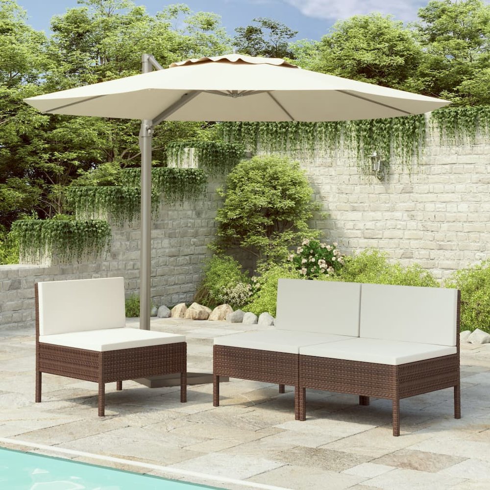 Garden Chair Set of 3 Brown with cream white cushions. Picture 1
