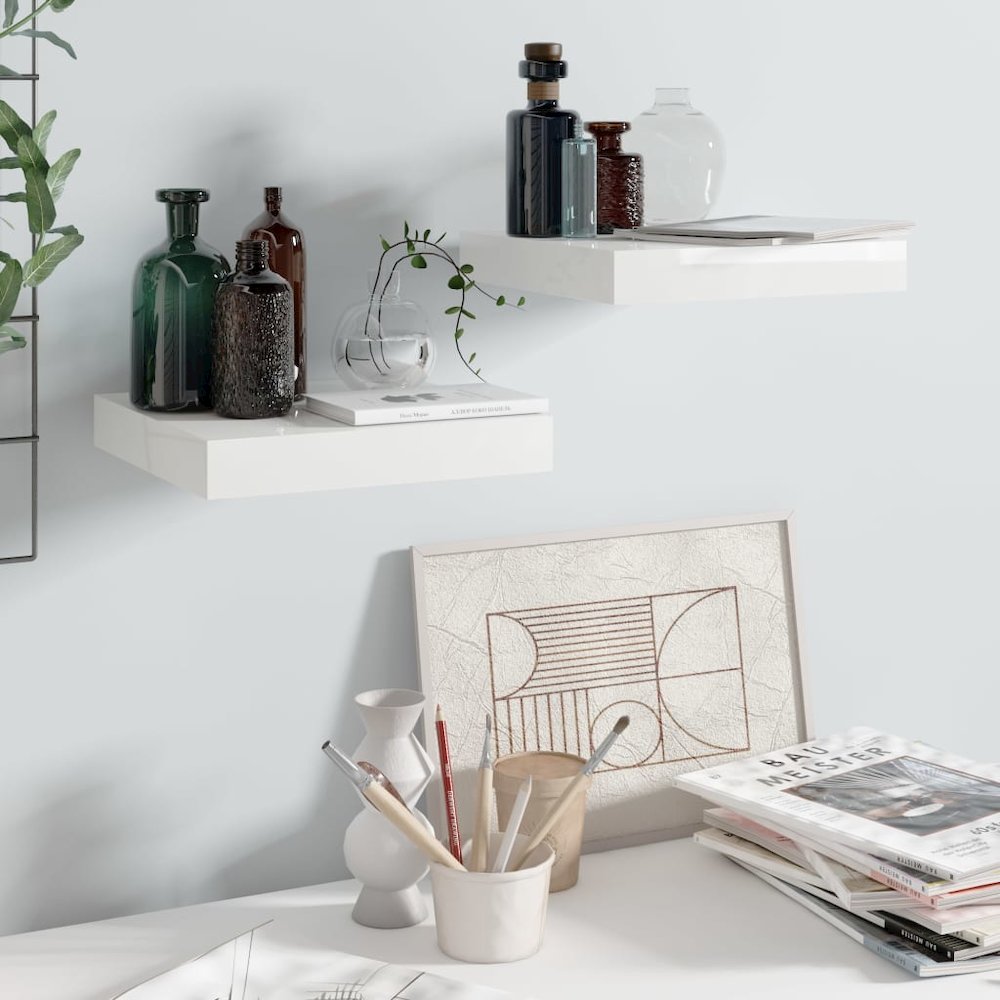 Wall Shelf Set of 2 High gloss white Honeycomb MDF, metal Small. Picture 1
