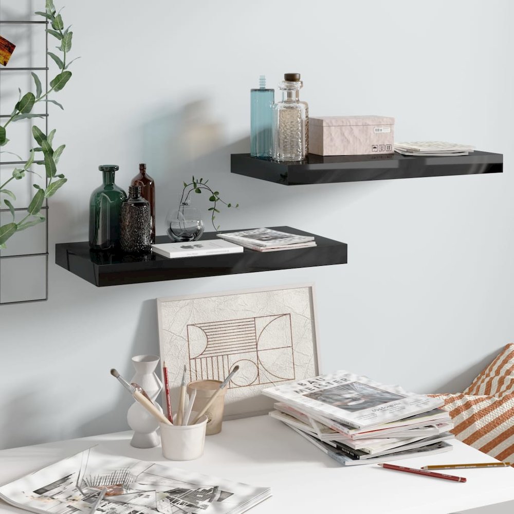 Wall Shelf Set of 2 High gloss black Honeycomb MDF, metal. Picture 1
