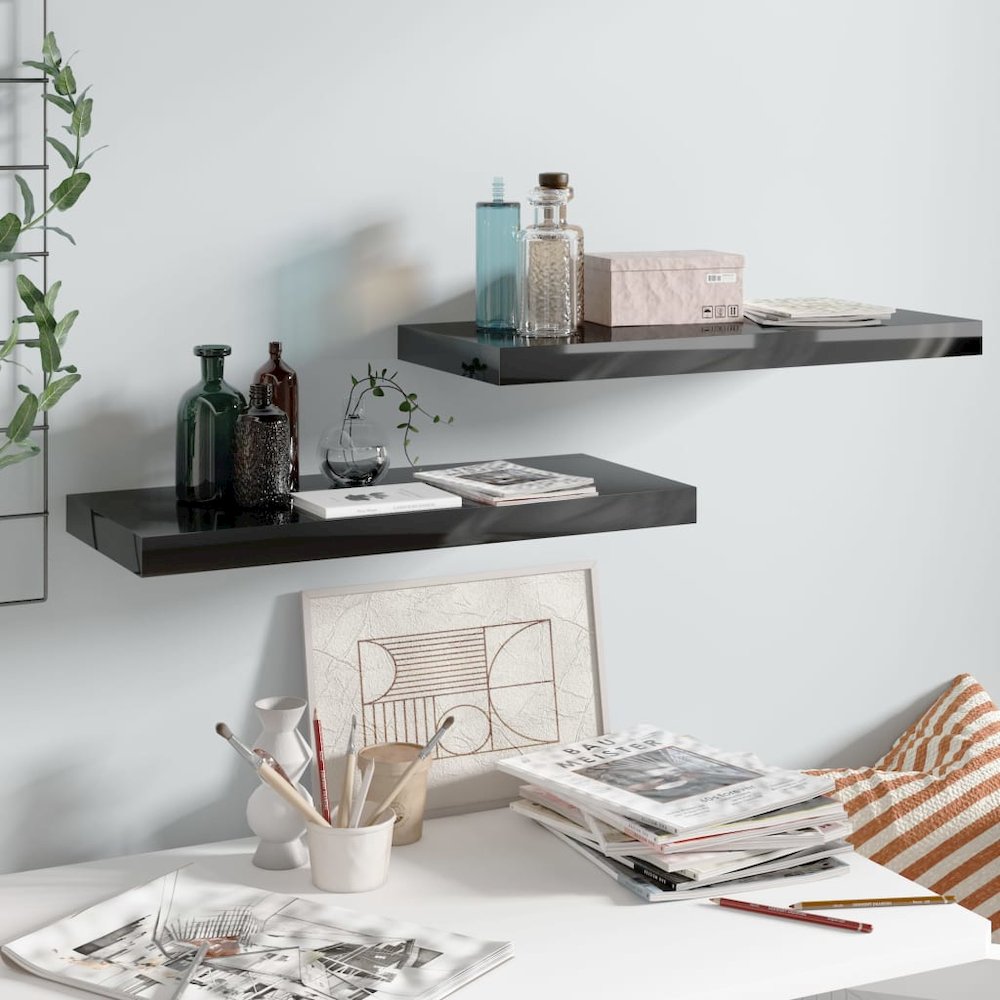Wall Shelf Set of 2 High gloss black Honeycomb MDF, metal Medium. Picture 1