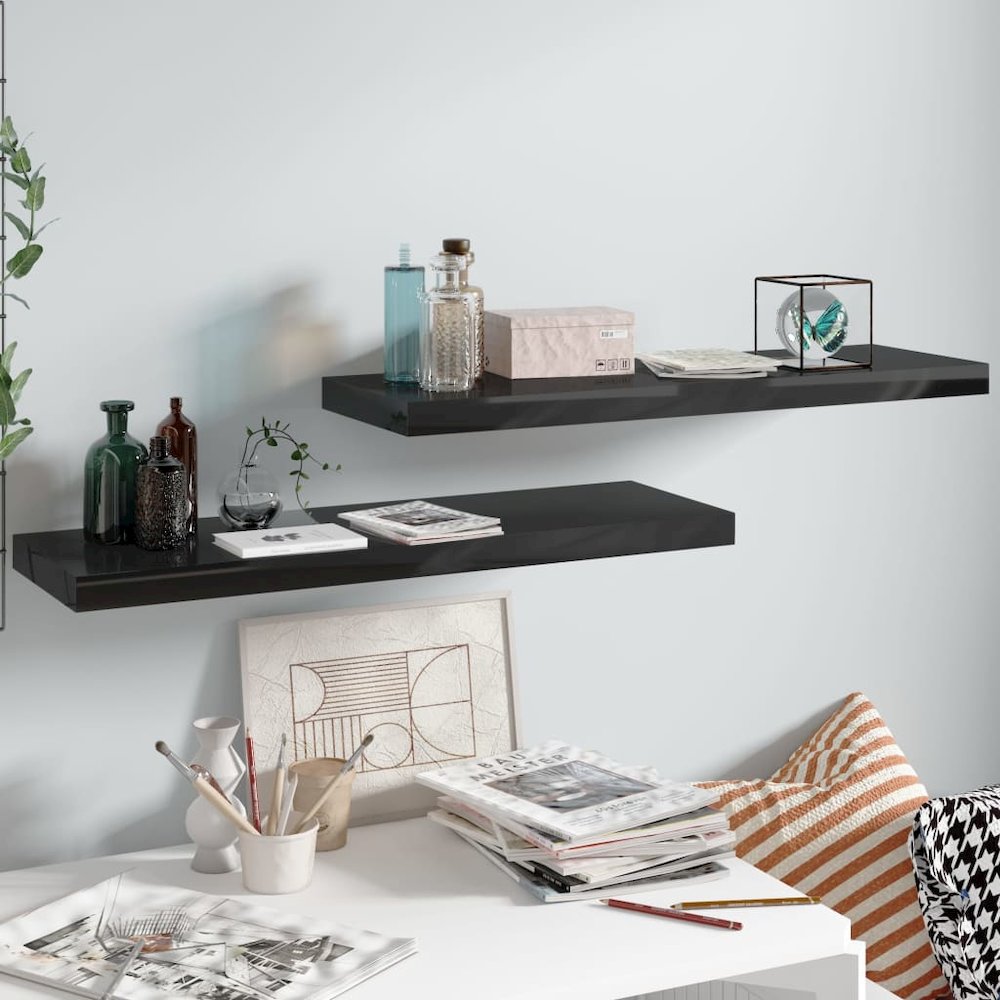 Wall Shelf Set of 2 High gloss black Honeycomb MDF, metal. Picture 1