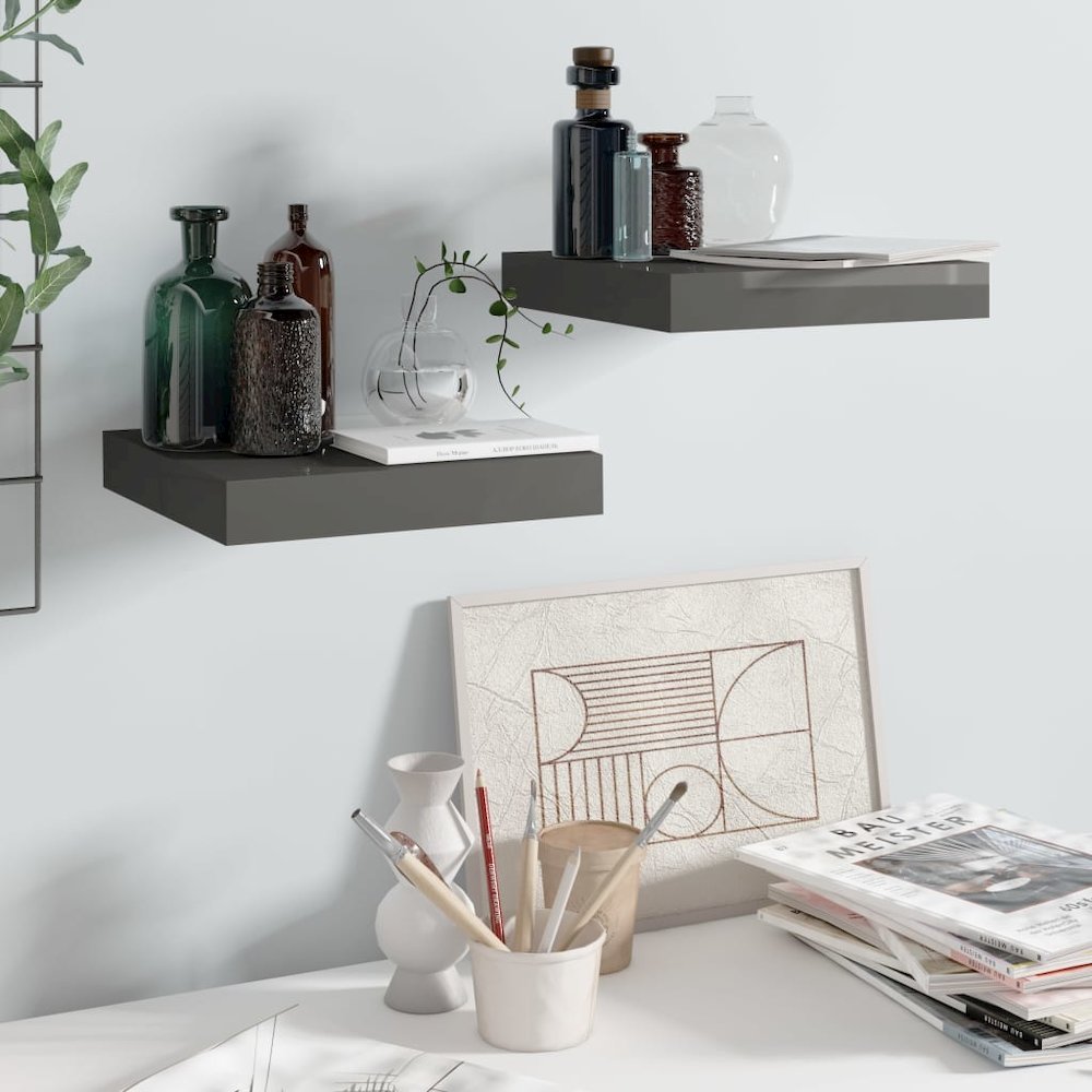 Wall Shelf Set of 2 High gloss gray Honeycomb MDF, Metal. Picture 1