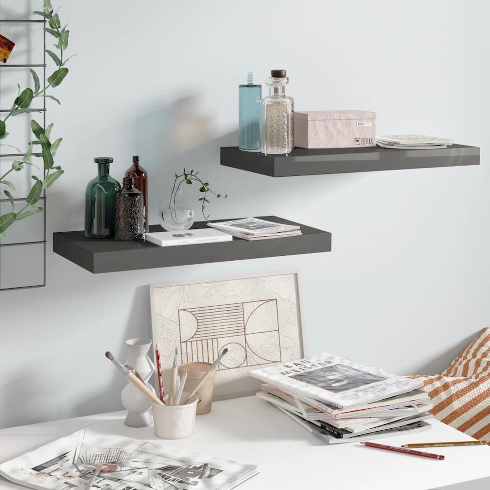 Wall Shelf Set of 2 High gloss grey Honeycomb MDF, metal. Picture 1