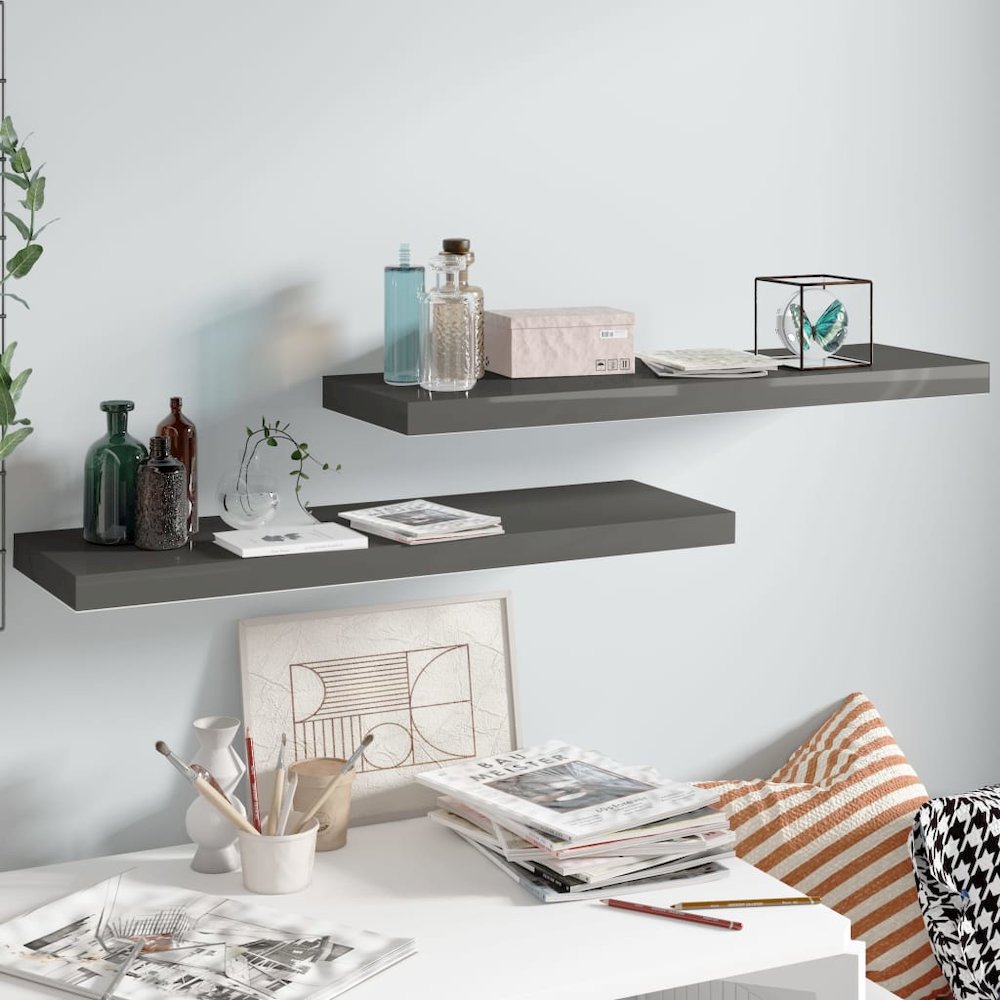 Wall Shelf Set of 2 High gloss grey Honeycomb MDF, metal frame. Picture 1