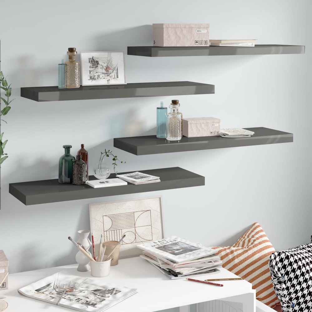Wall Shelf Set of 4 High gloss grey Honeycomb MDF, metal Standard. Picture 1