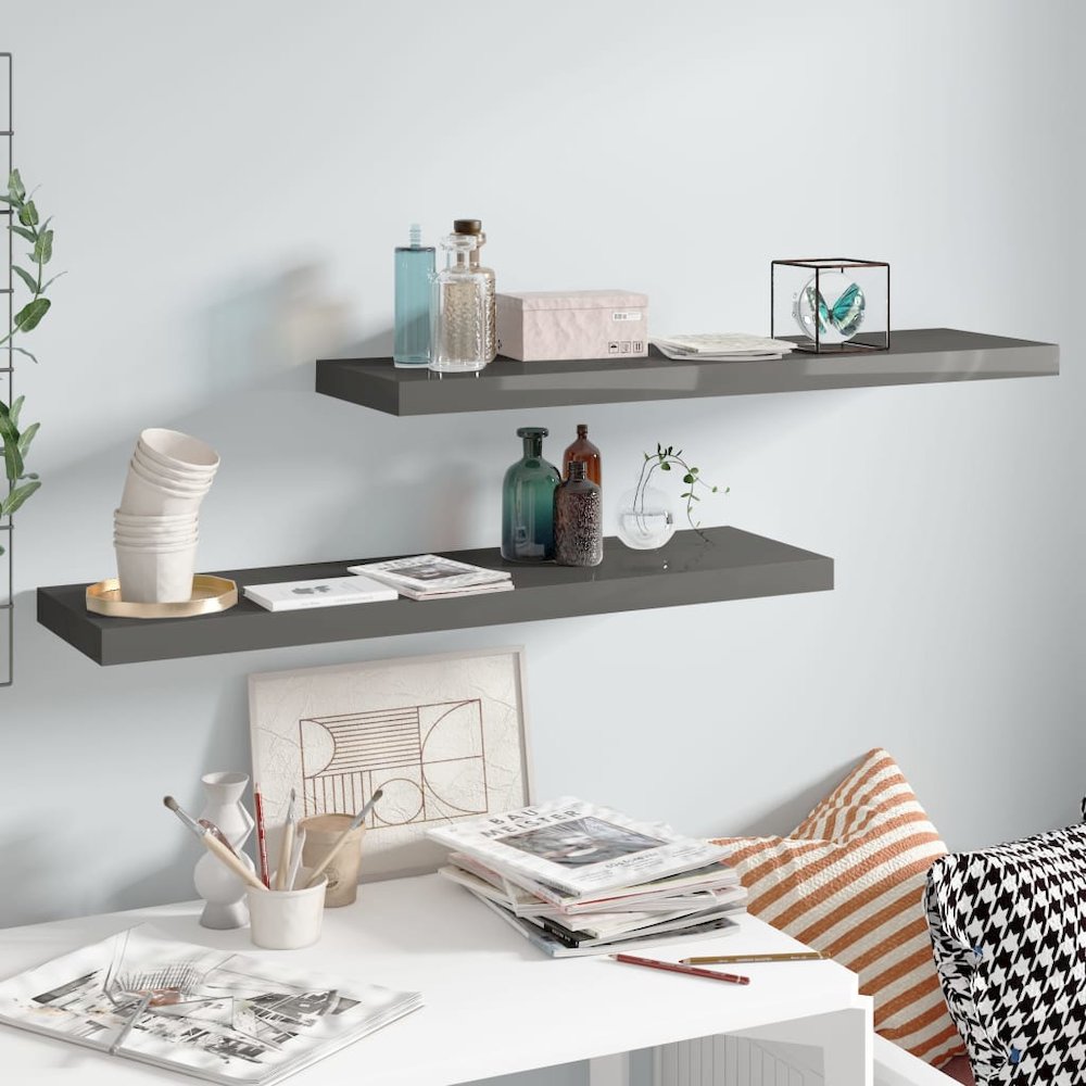 Wall Shelf Set of 2 High gloss grey Honeycomb MDF, metal. Picture 1