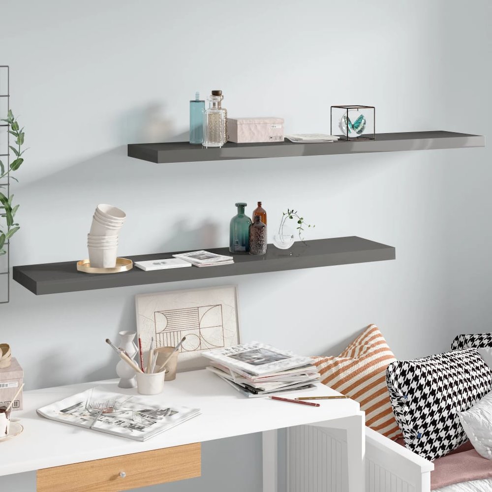 Wall Shelf Set of 2 High gloss grey Honeycomb MDF, metal 47.2 in. Picture 1
