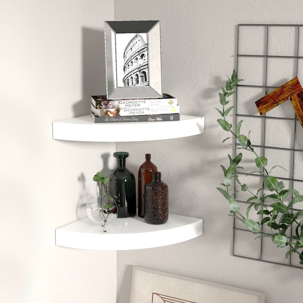 Corner Shelf Set of 2 High gloss white Honeycomb MDF, metal. Picture 1