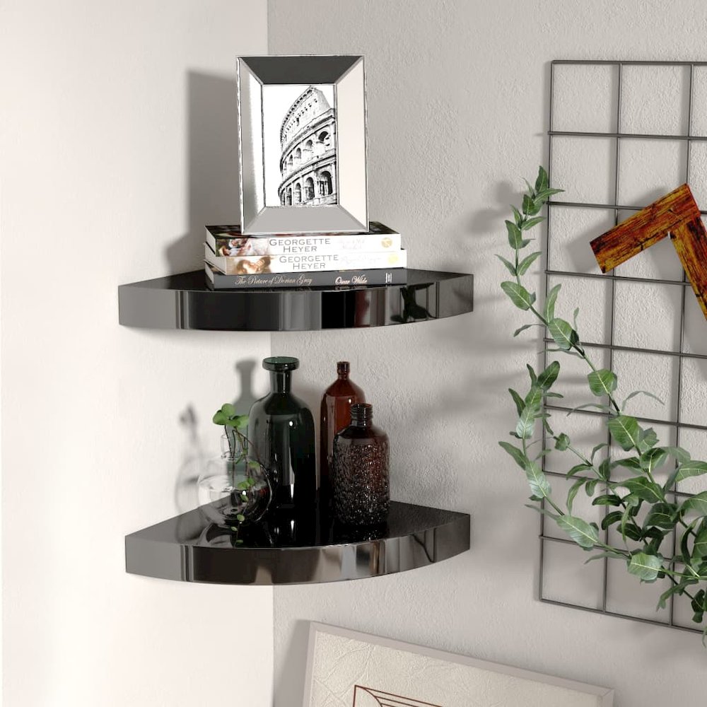 Corner Shelf Set of 2 High gloss black Honeycomb MDF. Picture 1