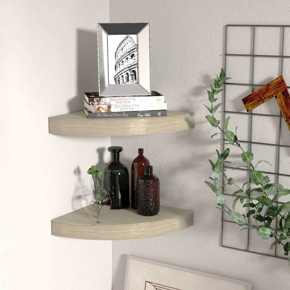Corner Shelf Set of 2 Oak Honeycomb MDF, Metal 9.8x9.8x1.5 in. Picture 1