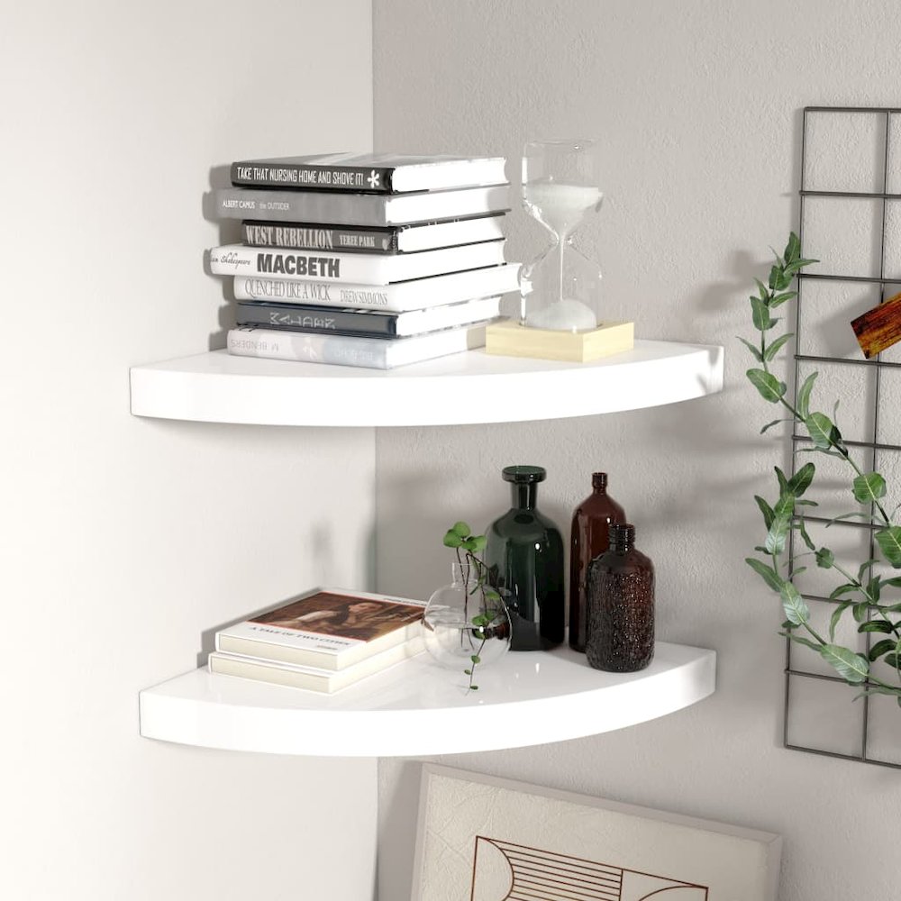 Corner Shelf Set of 2 High gloss white Honeycomb MDF, metal. Picture 1