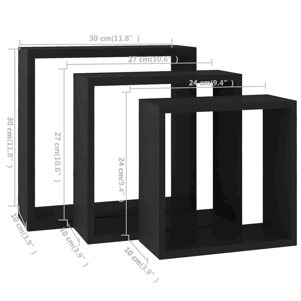Wall Cube Shelf Set of 3 Black MDF Large, Medium, Small. Picture 11