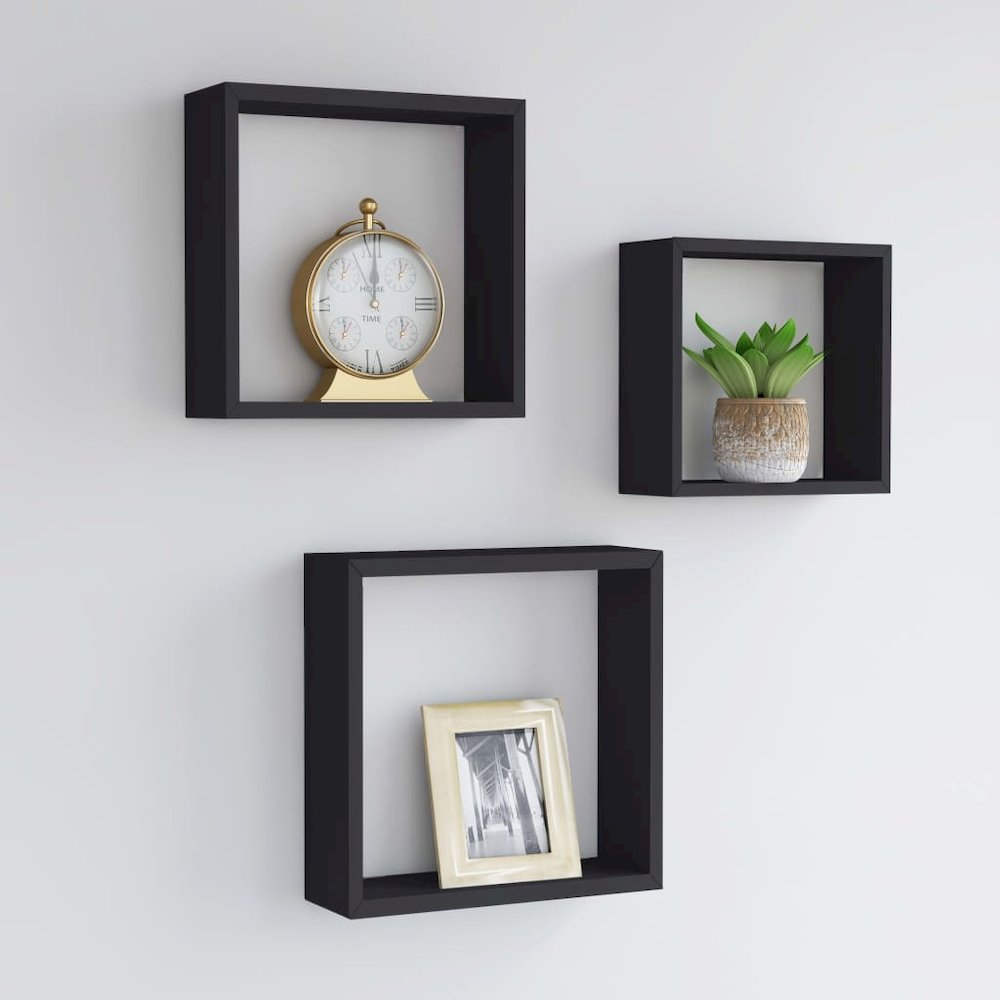 Wall Cube Shelf Set of 3 Black MDF Large, Medium, Small. Picture 1