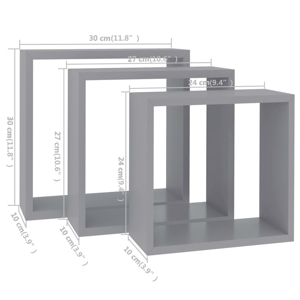 Wall Cube Shelves 3 pcs Gray MDF. Picture 11