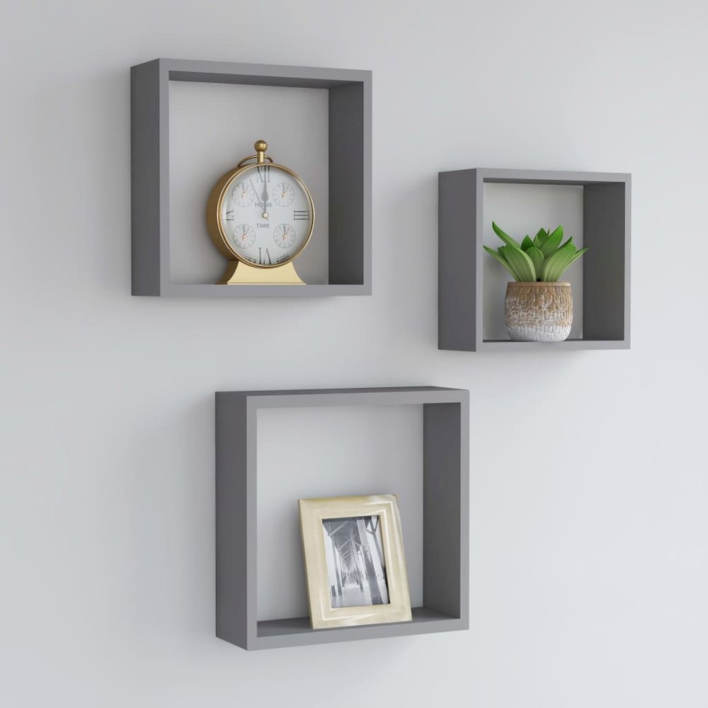Wall Cube Shelves 3 pcs Gray MDF. Picture 1