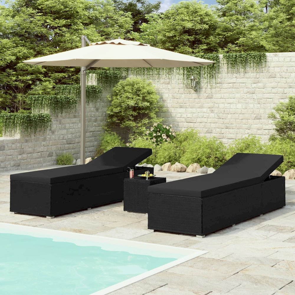 Sun Lounger Black Poly Rattan, Powder-Coated Steel, Polyester Large. Picture 1