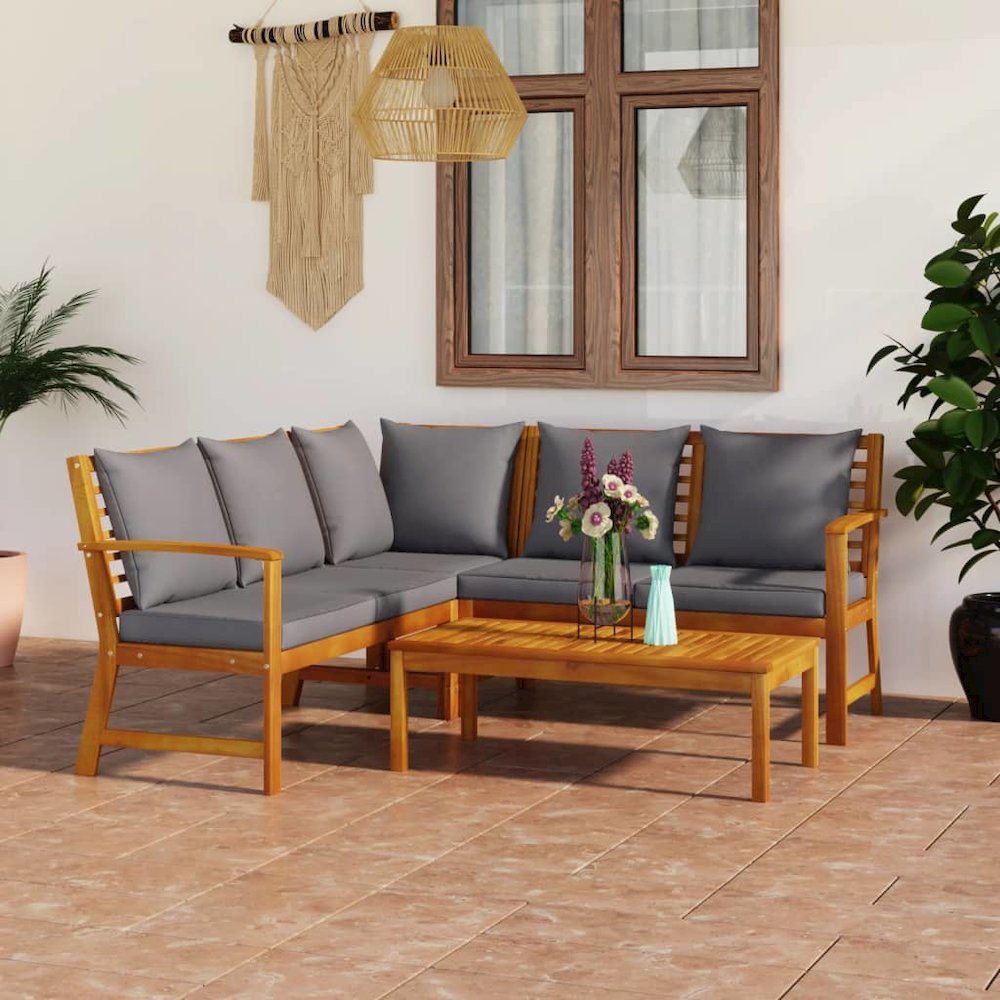 Garden Lounge Set Acacia wood with dark grey cushions. Picture 1