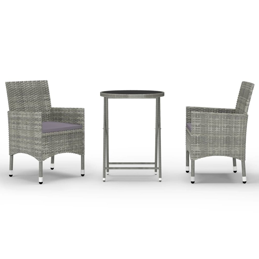 Bistro Set Grey Poly Rattan and Tempered Glass Small Foldable. Picture 2