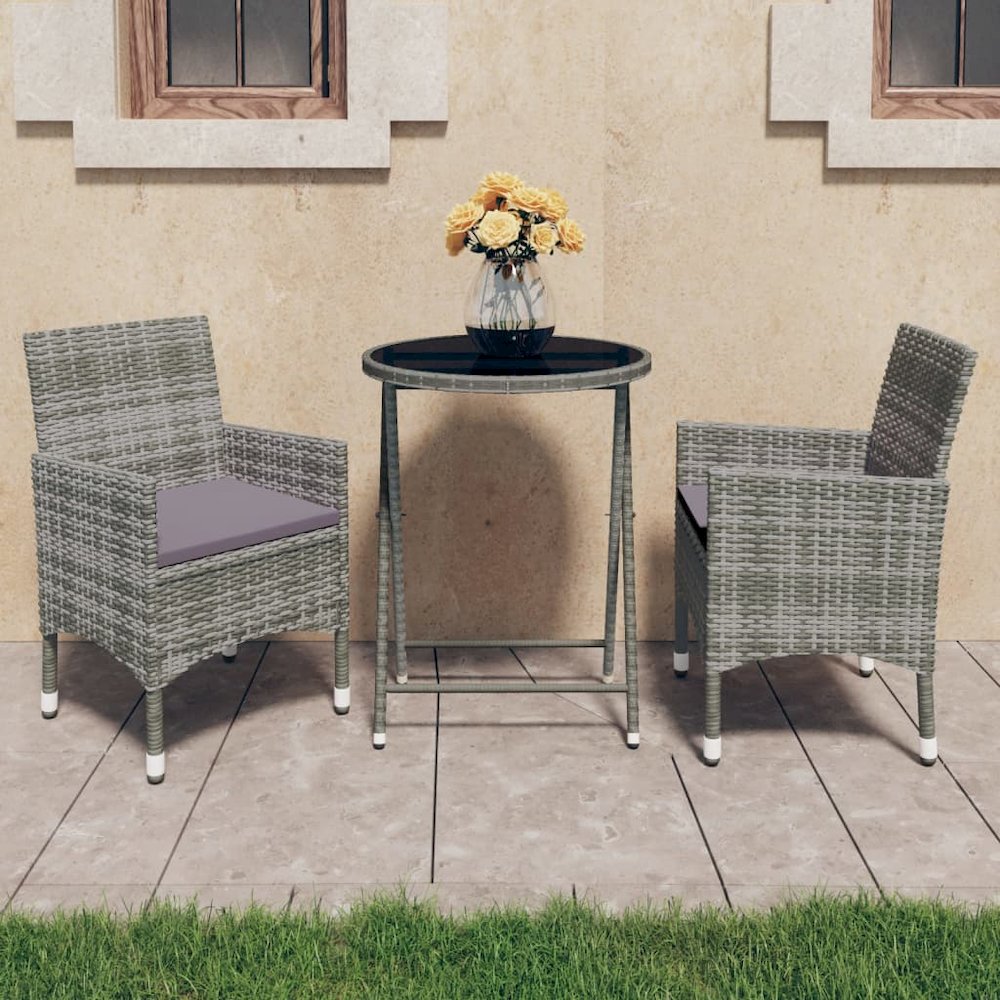 Bistro Set Grey Poly Rattan and Tempered Glass Small Foldable. Picture 1