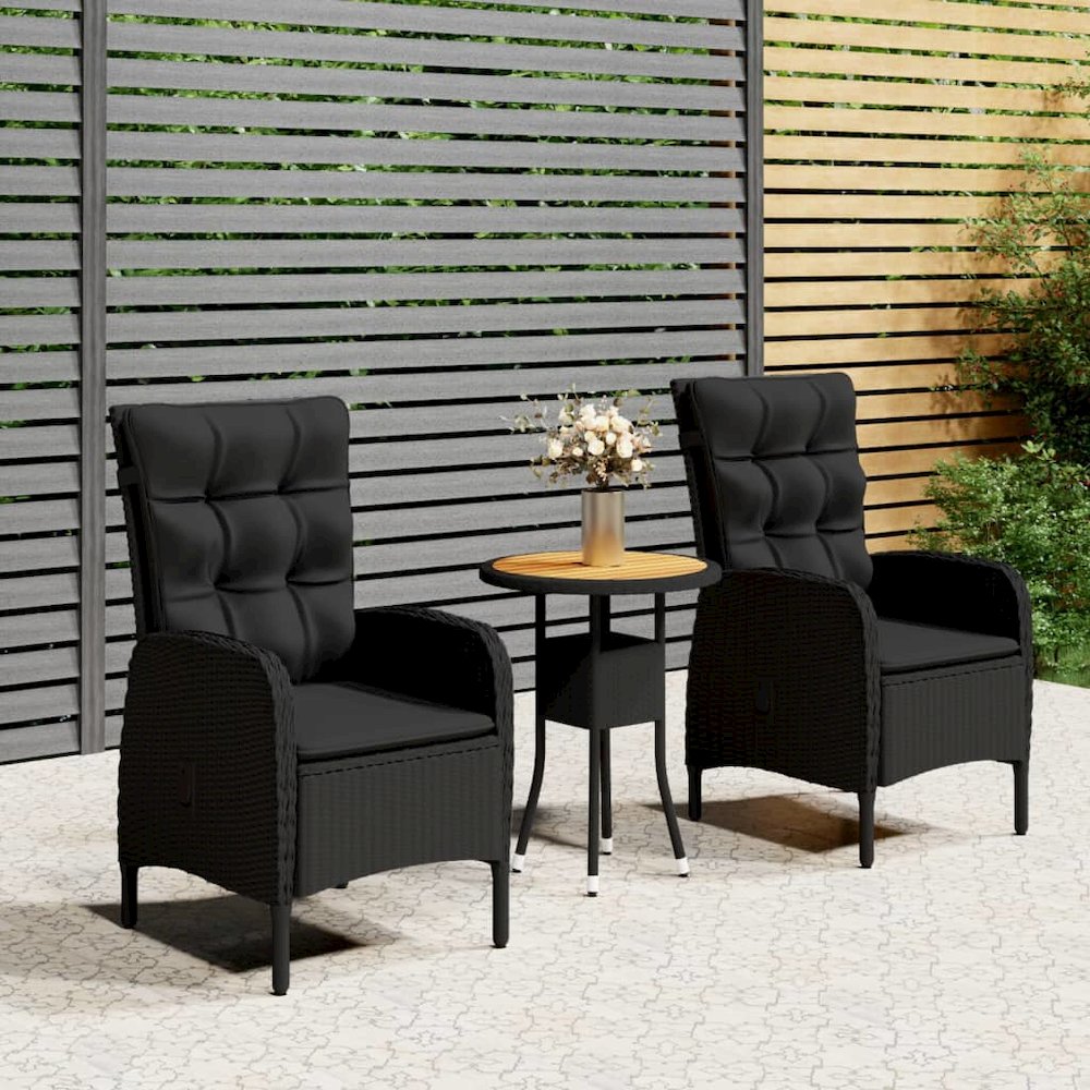 Bistro Set Black Poly Rattan, Steel, Solid Acacia Wood Medium. Picture 1