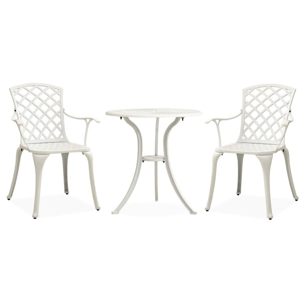 Bistro Set White Cast Aluminum Small Ergonomic Bistro Set. Picture 1
