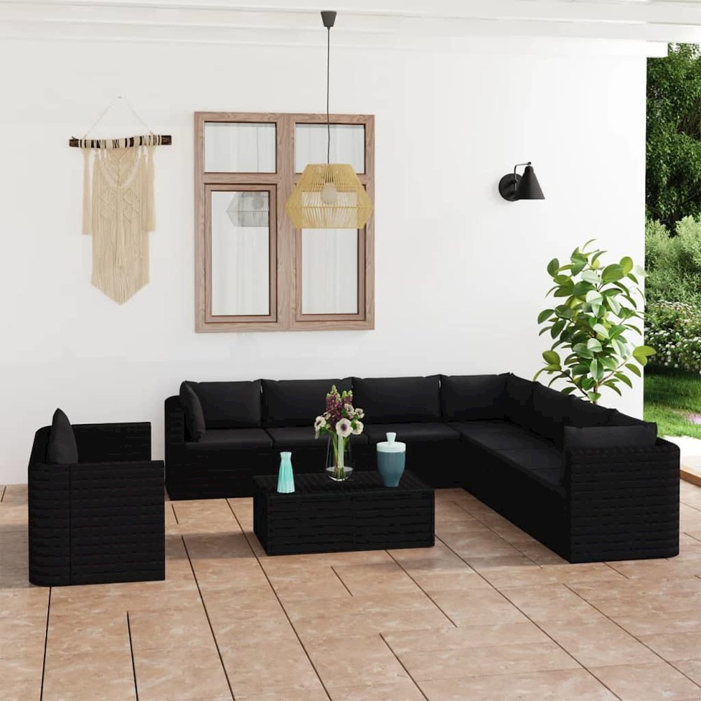 Garden Lounge Set Black Poly Rattan, Powder-Coated Steel Large. Picture 1